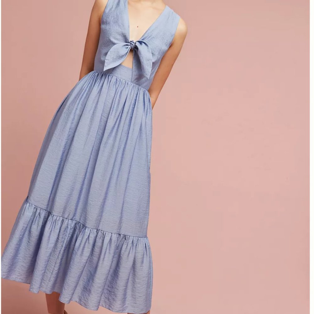 Shoshanna Kayla blue tie-front midi dress Anthropologie